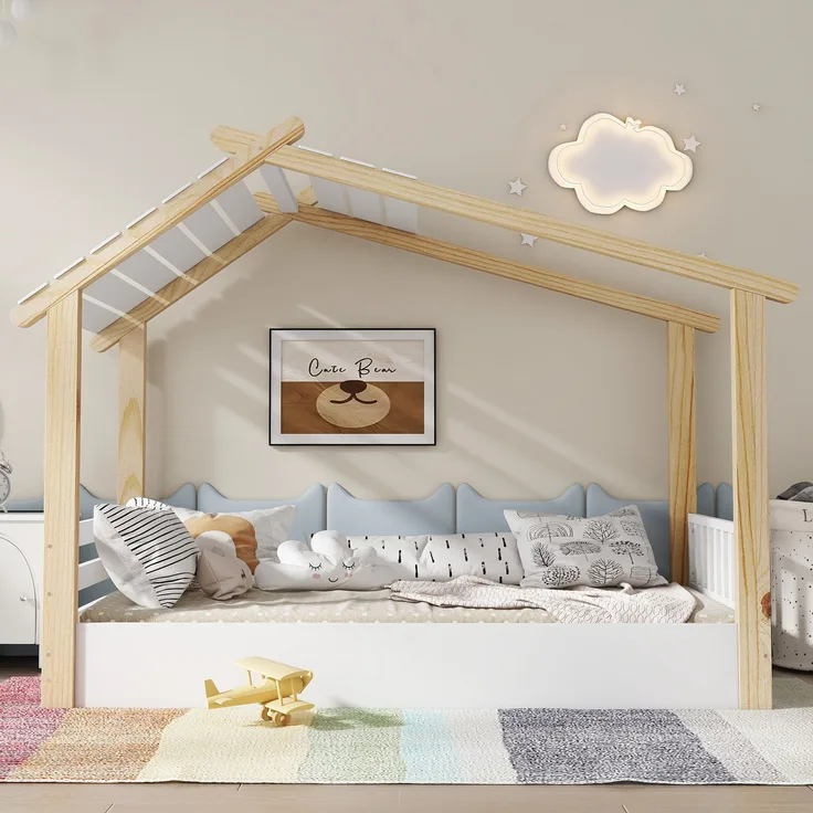 Holzbett, Kinderbett Einzelbett exquisites Holzhausdesign stabile Lattenroste schlichtes Design, Kiefer + Spanplatte + MDF, Weiß + Natur, 90 x 190 cm