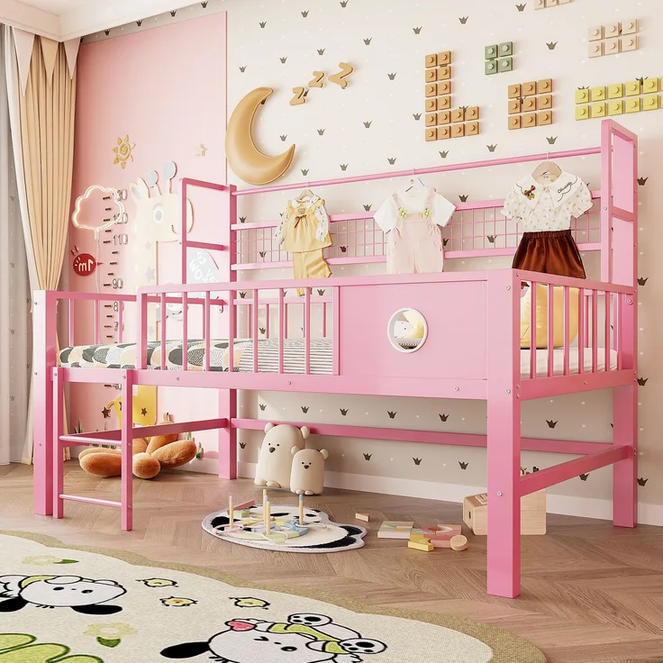 EINHOM Kinderbett 90 x 200 cm, Niedriges Hochbett mit Metallrahmen und Ablagefächern, Geeignet für Kinder und Jugendliche. Rosa (Ohne Matratze)