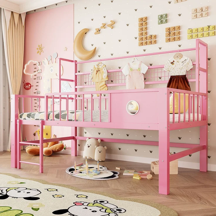 EINHOM Kinderbett 90 x 200 cm, Niedriges Hochbett mit Metallrahmen und Ablagefächern, Geeignet für Kinder und Jugendliche. Rosa (Ohne Matratze) – Bild 1
