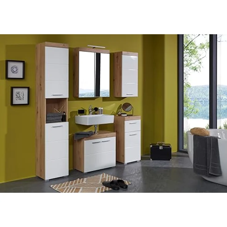 Trendteam 'Amanda' Waschbeckenunterschrank, Hochglanz, 56 x 34 x 60 cm, Weiß / Eiche – Bild 5