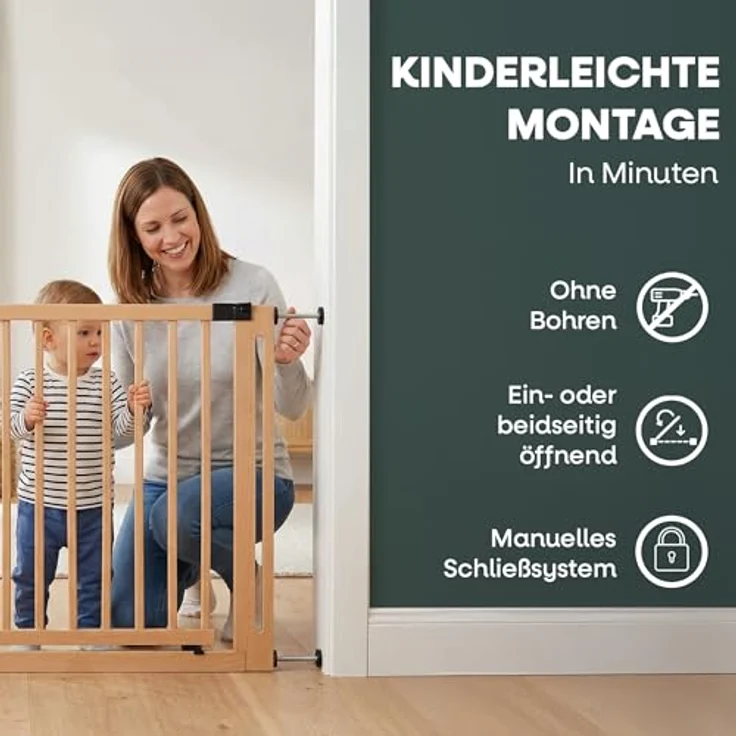 Safetots Naturholz Elegance Treppenschutzgitter, Natur, 87cm - 95cm, Druckmontage Sicherheitsgitter, 65cm Extra Breite Türöffnung, Einteiliges Extra Breites Gitter für Treppen, Flure und Türen – Bild 4
