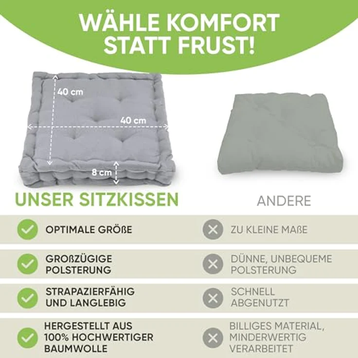 Gräfenstayn Sitzkissen 4er Set 40x40 cm mit 8 cm Polsterung aus 100 % Baumwolle -, robustes Sitzkissen für Indoor & Outdoor, bequemes Bodenkissen – Bild 8