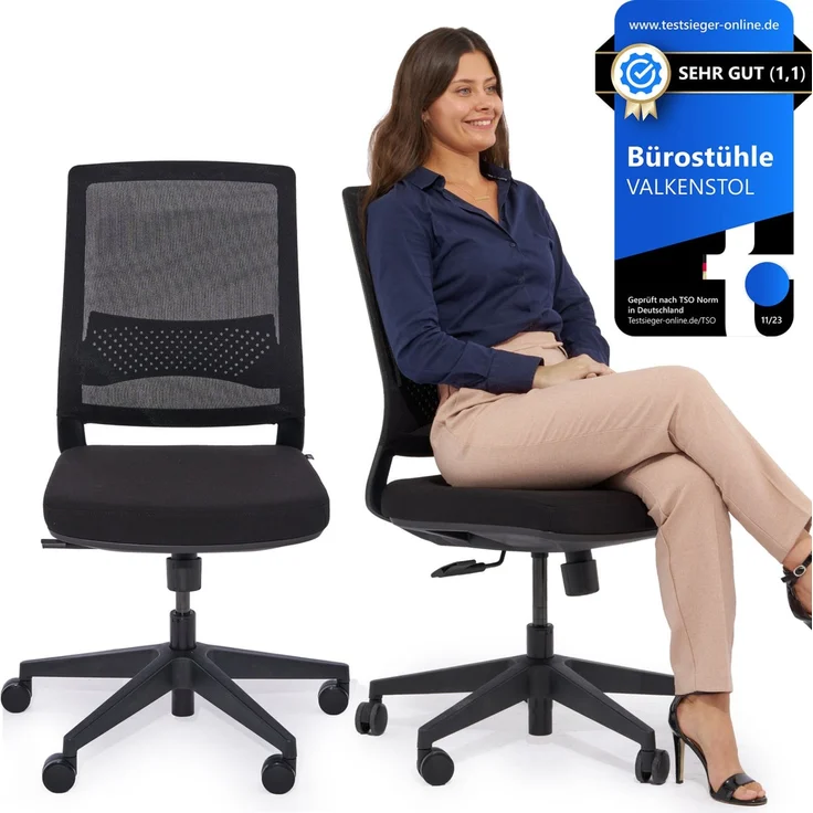 VALKENSTOL M2 Essential - Bürostuhl Ergonomisch Testsieger - 5 Jahre Garantie - Schreibtischstuhl ohne Armlehnen ohne Kopfstütze - Computerstuhl – Bild 2