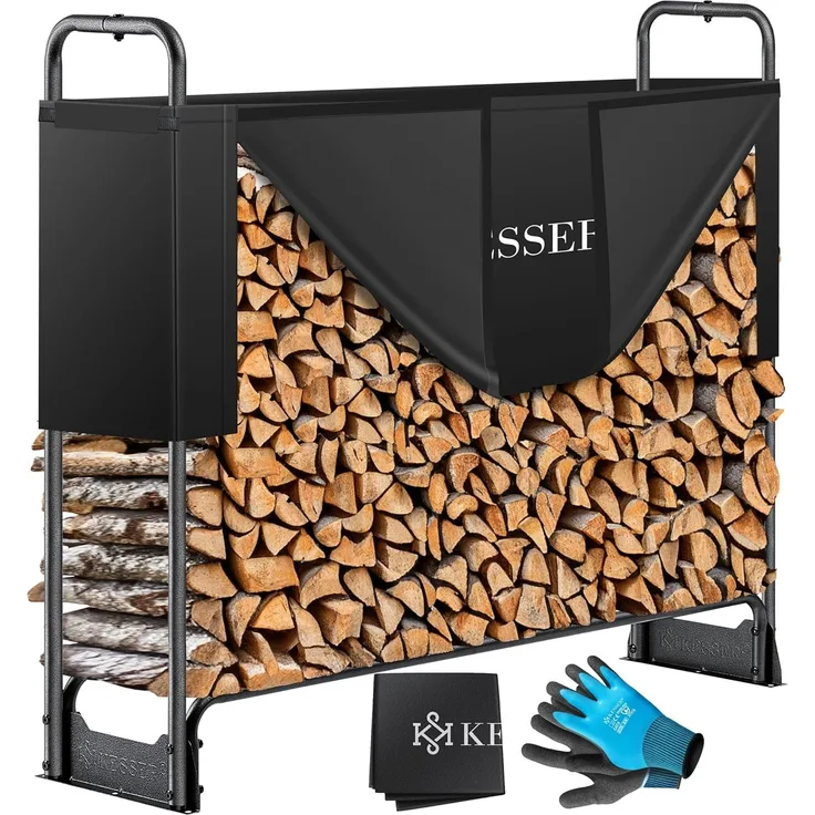 KESSER® Kaminholzregal Metall Brennholzregal außen Stahlrahmen + Abdeckung & Handschuhe Kaminholzunterstand 200kg Wasserdichter Holzlager Holzstapelhilfe für Garten Terrasse Schwarz, 130 x 36 x 117cm