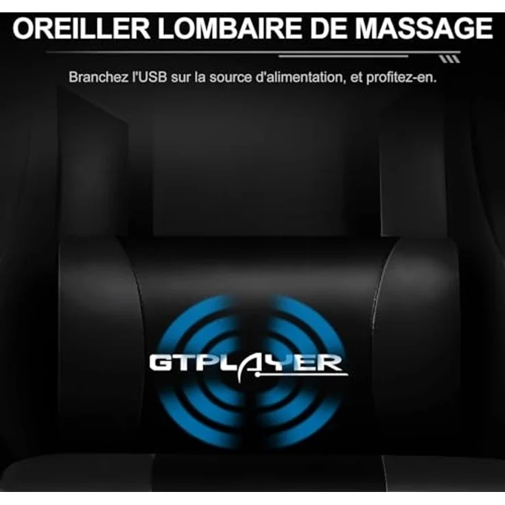 GTPLAYER Gaming-Stuhl, Gamer-Sessel mit Lendenmassage, Gamingstuhl, einziehbare Fußstütze, Rückenlehne 135° neigbar, bequemer Sitz aus Leder, Bürostuhl, Belastung 150 kg, Schwarz – Bild 3
