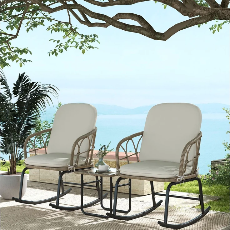 Schaukelstuhl-Set 63 x 82 x 75 cm mit Tisch – 3-teilig aus PE-Rattan, Stahlrahmen und Glasplatte – Bild 1