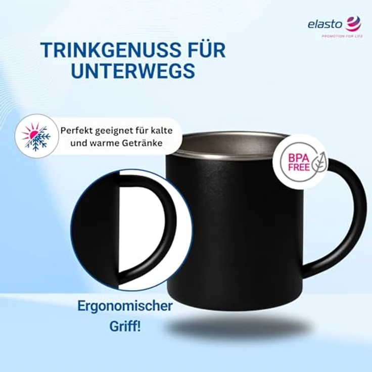 elasto Becher ADVENTURA Outdoor Trinkbecher aus Edelstahl 340ml BPA-frei, Kaffeebecher, Teetasse, camping Zubehör, Becher mit Henkel, robust – Bild 3
