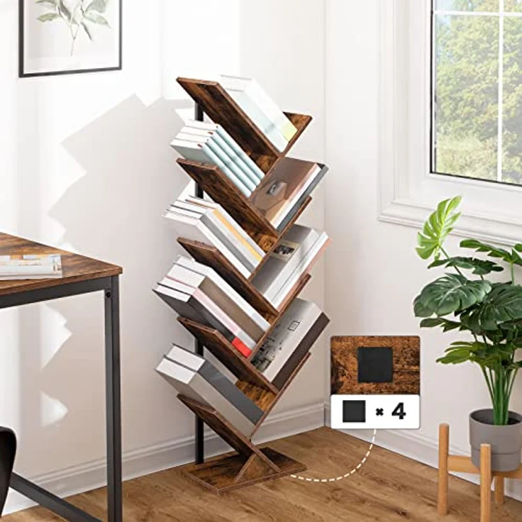 HOOBRO Bücherregal, Standregal mit 9 Ebenen, Holz DVD Regal, in Baumform, Metallgestell, für Wohnzimmer, Arbeitszimmer, Kinderzimmer, Vintagebraun EBF08SJ01G1 – Bild 9
