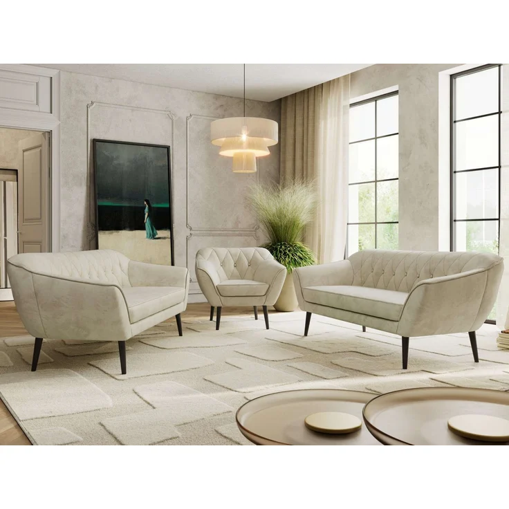 Wohnzimmerset, Möbelset PIRS 3-3-1, Armlehnen, Wellenfederung, schwarze Füße, Dreisitzer Sofas mit Sessel, Polstermöbel Set - Beige Velvet – Bild 1