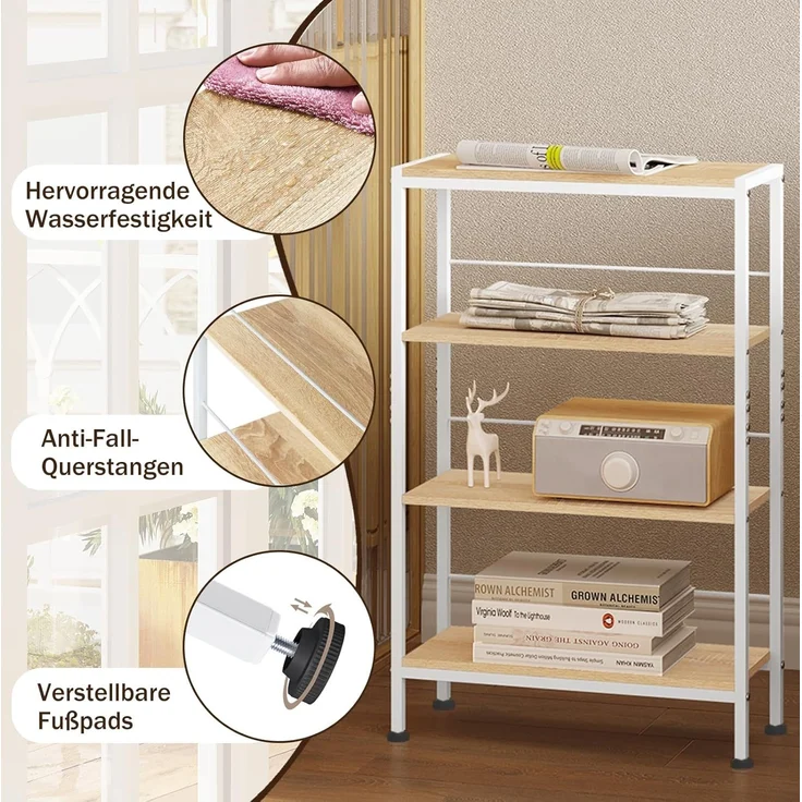WOLTU Regal, Nischenregal mit 4 Ebenen, Küchenregal Gewürzregal stehend, Standregal Leiterregal schmal, für Küche Wohnzimmer, Holzwerkstoff Metall, Weiß Helle Eiche, 50 x 78 x 20 cm, RGB52whe – Bild 5