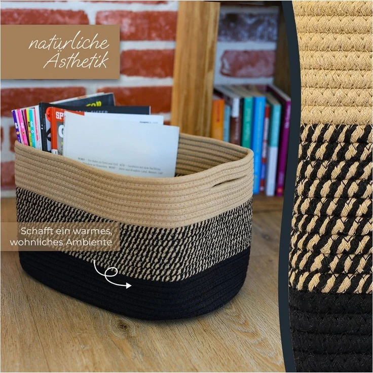 HMF Aufbewahrungskorb Aufbewahrungskorb mit versteckten Griffen, für Kallax Regal geeignet (Set, 3er), Korb handgenäht aus Baumwolle, 37,5 x 25 x 22,5 cm, Schwarz-Honig – Bild 3