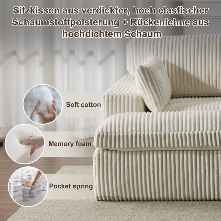 Leawin Sofa Cordsofa 2-Sitzer mit Bettfunktion, modernes Schlafsofa für Wohnzimmer, Weicher Cordbezug, flexible Kombination & ideal für kleine Räume – Bild 2