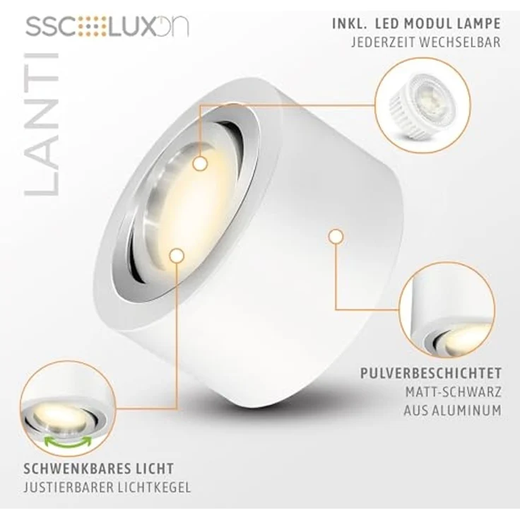 SSC-LUXon LED Aufbaustrahler LANTI Deckenspot weiß silber 6W dimmbar 3CCT, Tageslichtweiß, Warmweiß, Neutralweiß – Bild 4