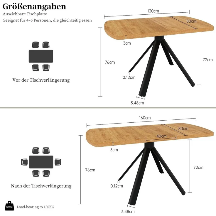 Jiexi Essgruppe Ausziehbare Essgruppe, Holzoptik mit [Esstisch + 6 Lightcoffee Stühle] – Bild 3