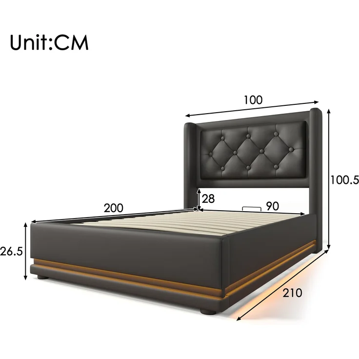Polsterbett 90x200 cm Schwarz mit 3-seitiger LED-Beleuchtung, Wingback Kopfteil & USB Typ-C Ladefunktion,hydraulischer Stauraum – Bild 10