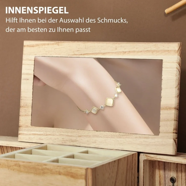 Schmuckbox, Schmuckschatulle, 4-stufiges Layout, integrierter Spiegel, Holz, Braun--Braun--26.5x16x33.5cm--YOUDENOVA – Bild 3