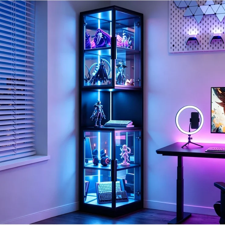 Vitrinenschrank 42 x 44 x 205 cm in Schwarz mit LED-Beleuchtung und Glastüren – Bild 4