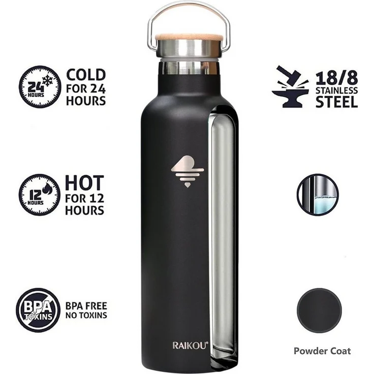 RAIKOU Isolierflasche Edelstahl Trinkflasche Vakuumisolierte Wasserflasche Thermoflasche, bis zu 12H heiß / 24H kalt,mit 2 Deckel,350ml/500ml/750ml/1000ml – Bild 4
