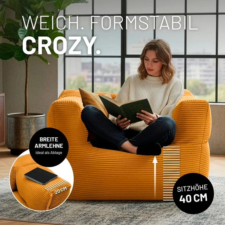 Lumaland Modular Sessel - Cord-Reihe | Indoor Sitzsack mit Softer Struktur, ideal Modulen | Bean Bag für Wohnzimmer & Co. - 96 x 72 x 70 cm – Bild 5