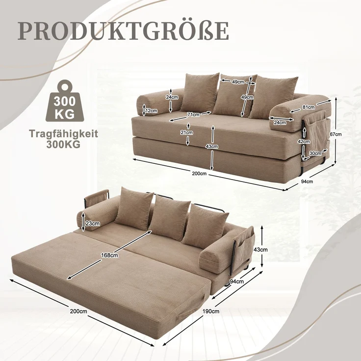 LVHOM Schlafsofa 3 Sitzer, Klappsofa mit Schlaffunktion, Bodensofa, Polstersofa aus CordStoff, Schlafcouch dauerschläfer, frei Kombination, 200x94x67 cm, Khaki – Bild 6