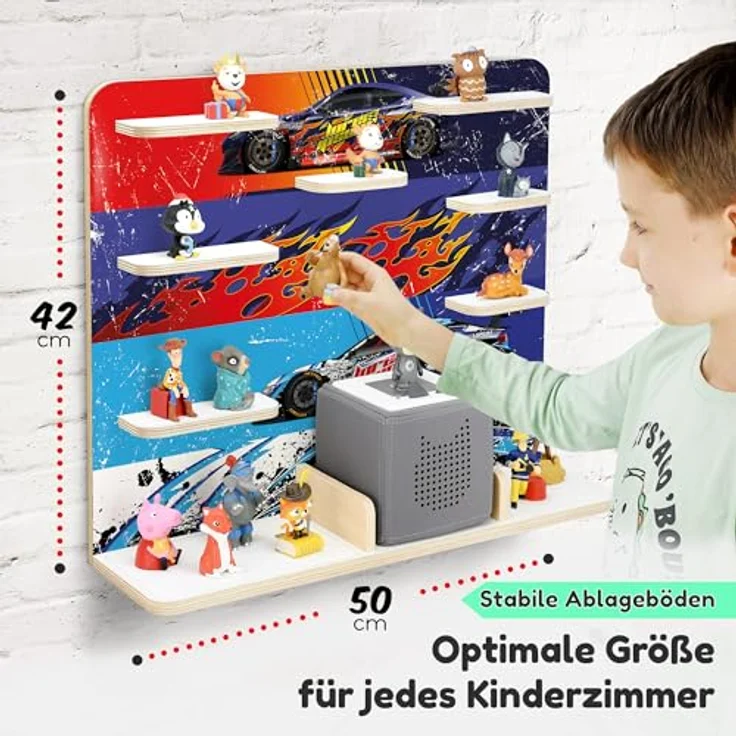 stadtecken Holzregal für Musikbox I Geeignet für die Toniebox und ca. 50 Tonies I Perfekte Tonie Aufbewahrung im Kinderzimmer I Zum Aufstellen oder Aufhängen I Racer, groß – Bild 3