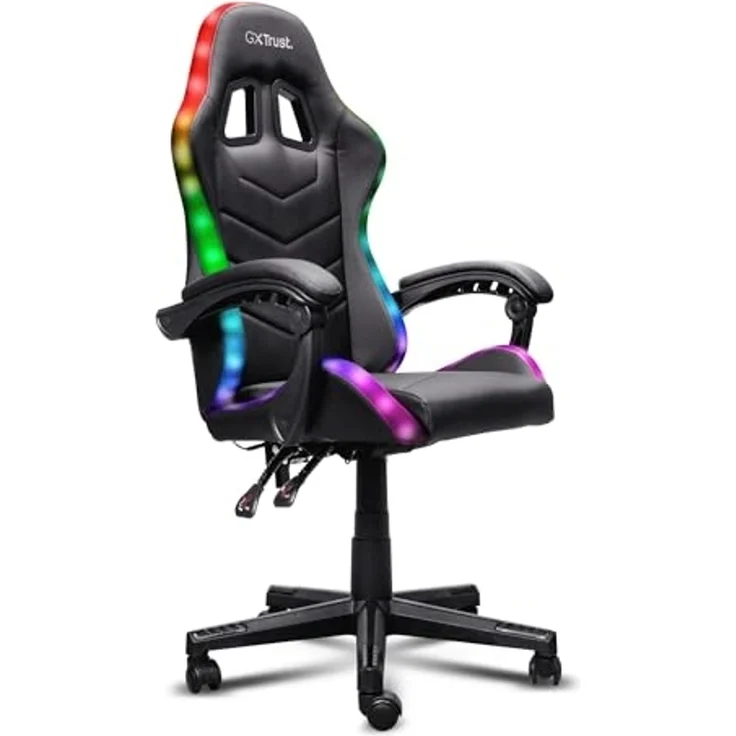 GXTrust 704 Roniq Gaming Stuhl LED, 178 Farben und Effekten, Gepolsterte Armlehnen, Verstellbare Höhe und Rückenlehne, Gaming Chair Schreibtischstuhl mit RGB-Beleuchtung, Schwarz – Bild 1