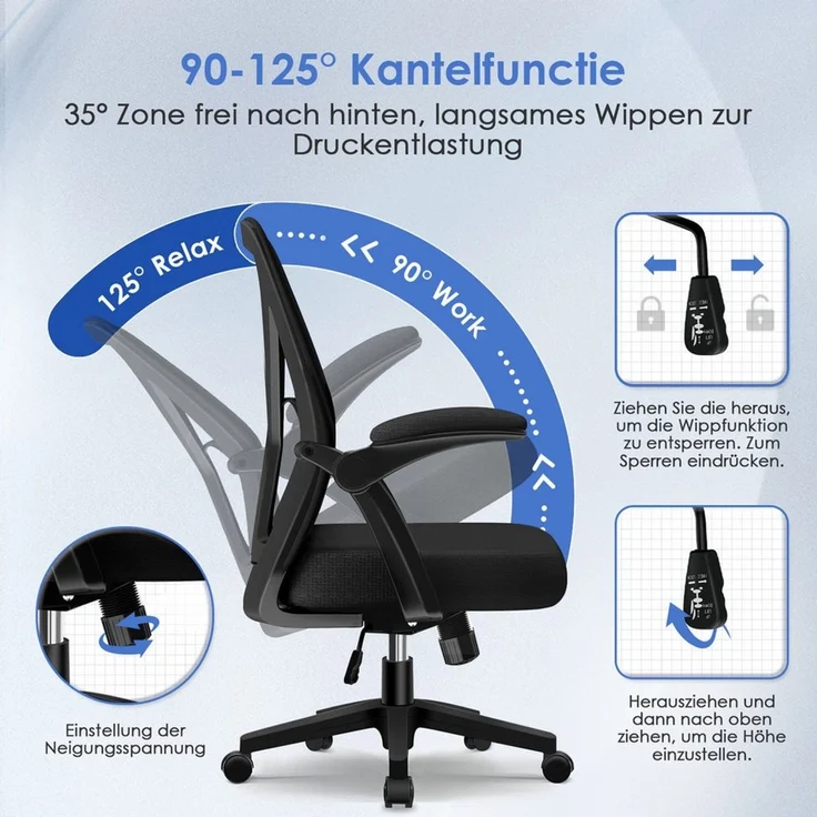 Hiazurm Bürostuhl Bürostuhl, Chefsessel, Ergonomischer Schreibtischstuhl, Computerstuhl (Verstellbare gepolsterte Lendenwirbelstütze, gepolsterte Armlehnen und Kopfstützen, Wippfunktion bis 130°,geräuscharmen Rollen, höhenverstellbar), Atmungsaktiver N... – Bild 2