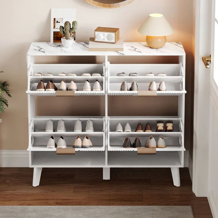 ZUBALIYA Schuhschrank (105 x 24 x 95,5 cm), 4 Klappfächer, Strukturierte Fronten, Stauraum für Flur und Eingangsbereich, Weiß – Bild 9