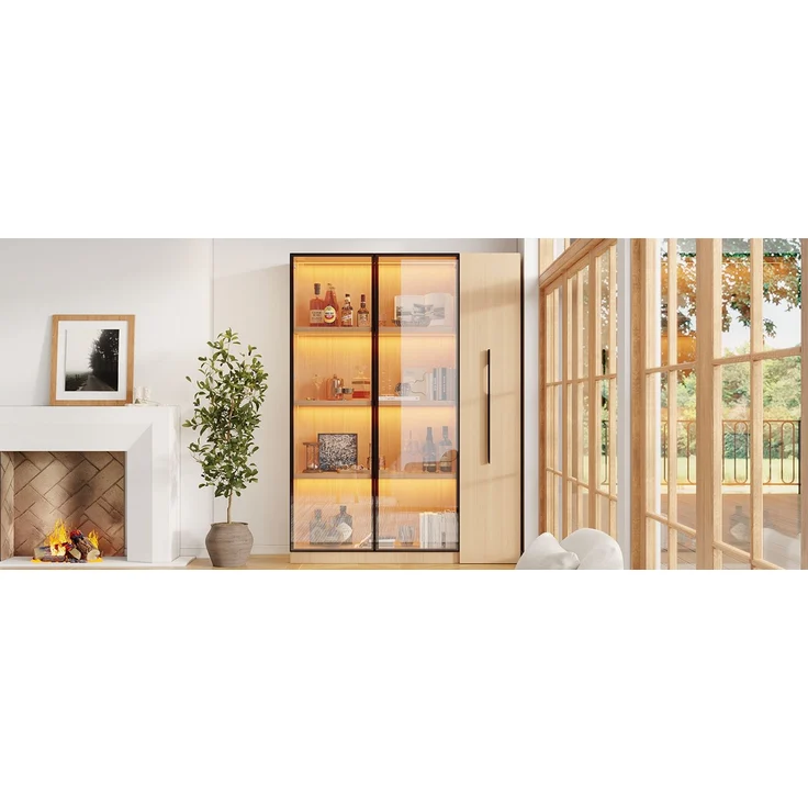ZUBALIYA Multifunktionsschrank 110,5×35×160cm-Vitrine mit Glastür und LED, Seitenauszug, Rollschrank - Hochschrank im modernen Stil, Vitrine,Esszimmerschrank,Bücherregal, Badezimmerschrä – Bild 20