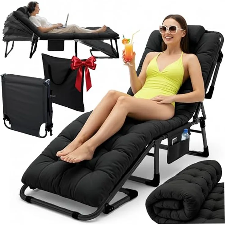 Sofotel Klappbares Gästebett und Sonnenliege mit Matratze und Kissen - 5-stufig verstellbare Gartenliege - für Schlaf und Entspannung - 193 x 67 x 40-75,5 cm - für Camping, Garten und Gäste - Schwarz