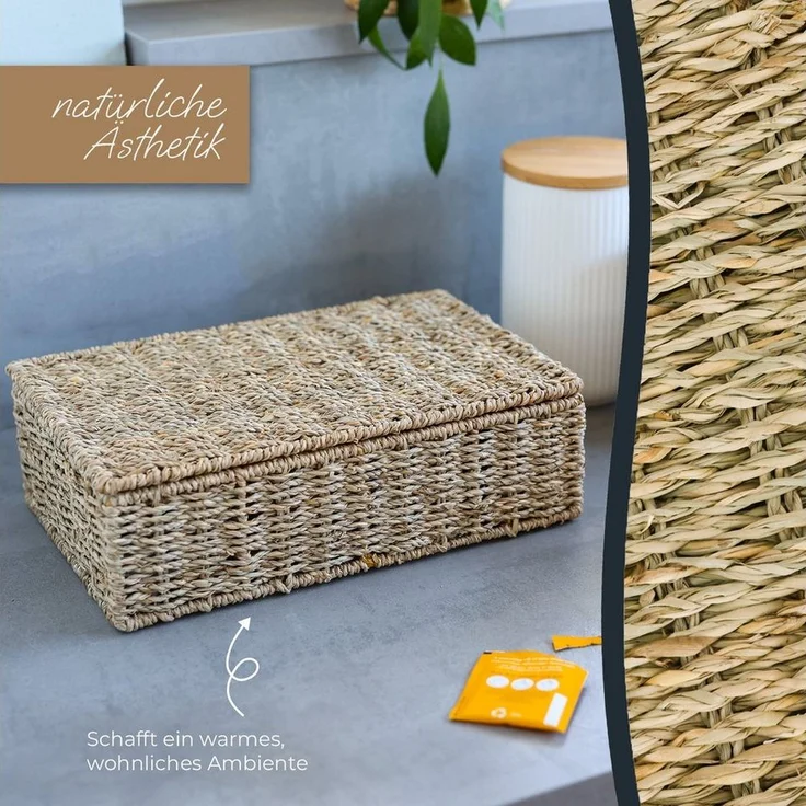HMF Teebox Teebox für Teebeutel geflochten aus Seegras, Seegras, Tee Aufbewahrungsbox mit 8 großen Fächern, 33 x 21 x 10 cm – Bild 3