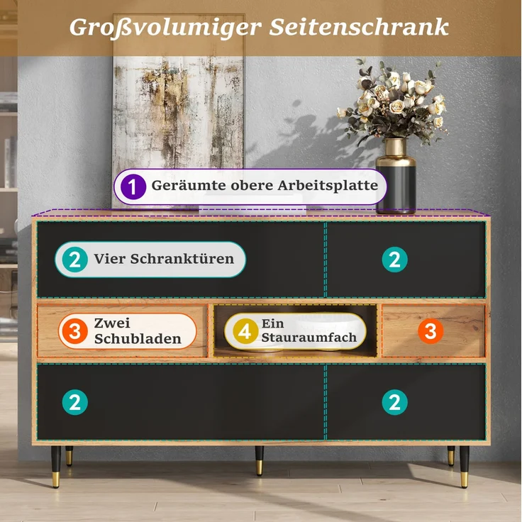 Sideboard aus MDF und PB mit 2 Schubladen, Klapptüren & offenem Fach, 140 x 40 x 84,5 cm, Natur/Schwarz – Bild 9