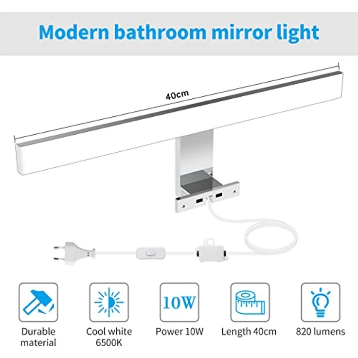 Aourow LED Spiegelleuchte Bad 10W,40CM 820LM Spiegelleuchte mit Schalter und Stecker,Kaltes Weiß 6500K Spiegellampe Badezimmer IP44 Wasserdicht 230V Badlampe Spiegel für Spiegelschrank KLASSE II – Bild 3