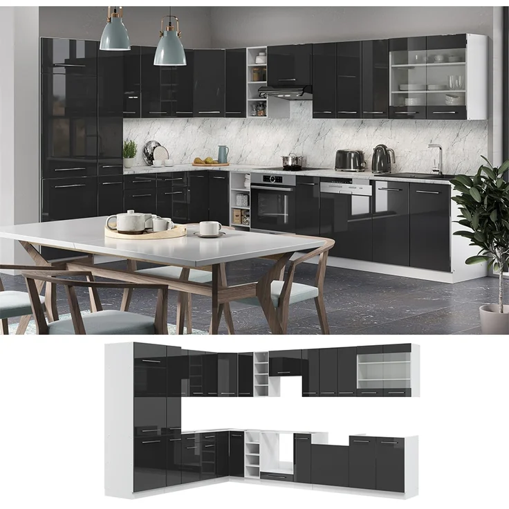 Eckküche Fame-Line Anthrazit Hochglanz/Weiß 347 x 257 cm, AP Eiche Vicco – Bild 2