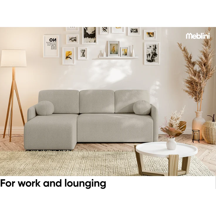 MEBLINI Schlafcouch mit Bettkasten – VESPER – 215x147x94cm – Links - Beige Boucle - Kleines Ecksofa mit Schlaffunktion - Sofa mit Relaxfunktion und Kissen - Kleine Couch L-Form – Eckcouch – Bild 3