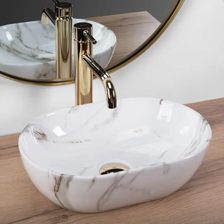 Rea Aufsatzwaschbecken MINI AIAX SHINY, Keramik Waschschale für Badezimmer, 380x260x120mm, Steinimitation, ohne Hahn- und Überlaufloch – Bild 2
