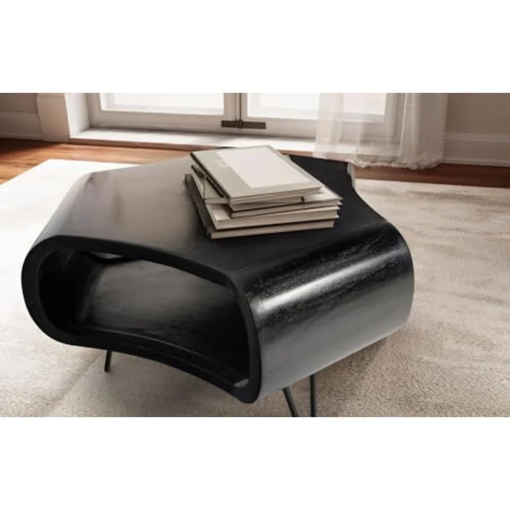Livetastic Couchtisch, Schwarz, massives Mangoholz, organische Form, 60x35x60 cm, mit Stauraum und offenem Fach, einfacher Aufbau – Bild 5