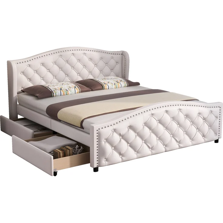 EINHOM Polsterbett 140 x 200 cm - Bett mit Lattenrost, 2 Schubladen und Kopfteil mit Zugpunktnieten – Holz & Kunstleder - Weiß – Jugendbett Gästebett, Weiß PU, (Ohne Matratze) – Bild 5