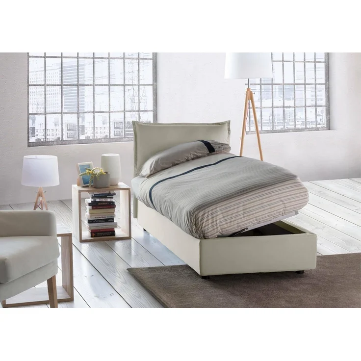 Talamo Italia - Roberta Einzelbett, Bettkasten mit Stoffbezug, 100 % Made in Italy, seitliche Öffnung, inklusive Matratze 80x190 cm, Beige – Bild 5