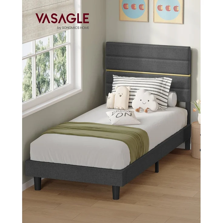VASAGLE Bettgestell, Einzelbettgestell, passend für 90 x 200 cm Matratze, verstellbares gepolstertes Kopfteil, modern, grau – Bild 3