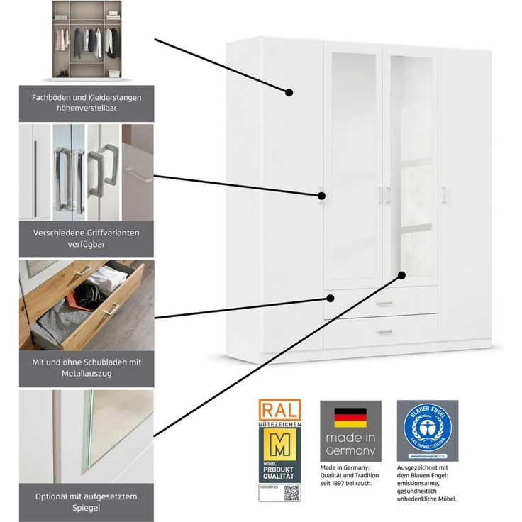 rauch Drehtürenschrank Kleiderschrank Garderobe GAMMA Breiten 91/136/181/226/271/315/360 cm (in 3 Ausstattungen BASIC/CLASSIC/PREMIUM (inkl. SOFT-CLOSE-Funktion) mit Schubladen, verschiedene Griff-Varianten TOPSELLER MADE IN GERMANY – Bild 3