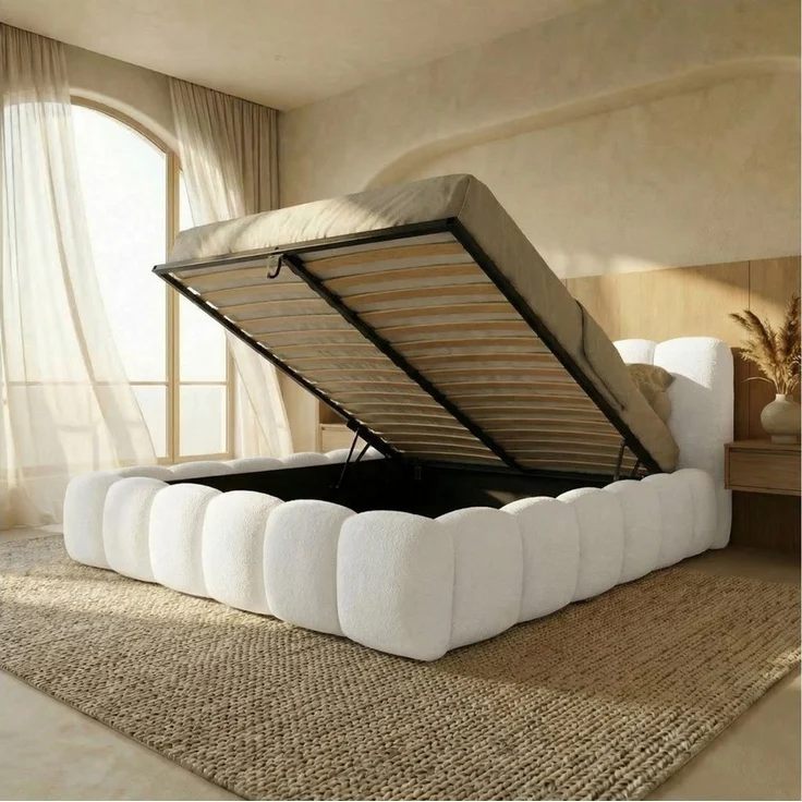 yourhouse24 Polsterbett DALLAS Slim Bubble-Design aus Bouclé, inkl. Bettkasten, Platzsparendes Chunky-Bett mit vertikaler Steppung – Bild 4