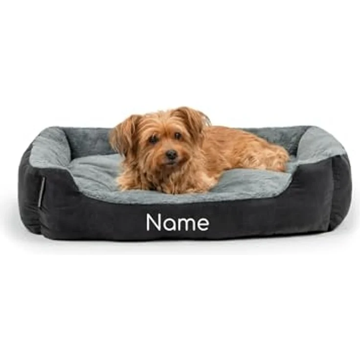 lionto Hundebett mit Wendekissen und Rutschfester Unterseite, Heimtierkissen mit tiefem Einstieg für Hunde und Katzen jeden Alters, 75x60 cm, kuscheliges Hundekissen, schwarz/grau (Namensaufdruck) – Bild 1