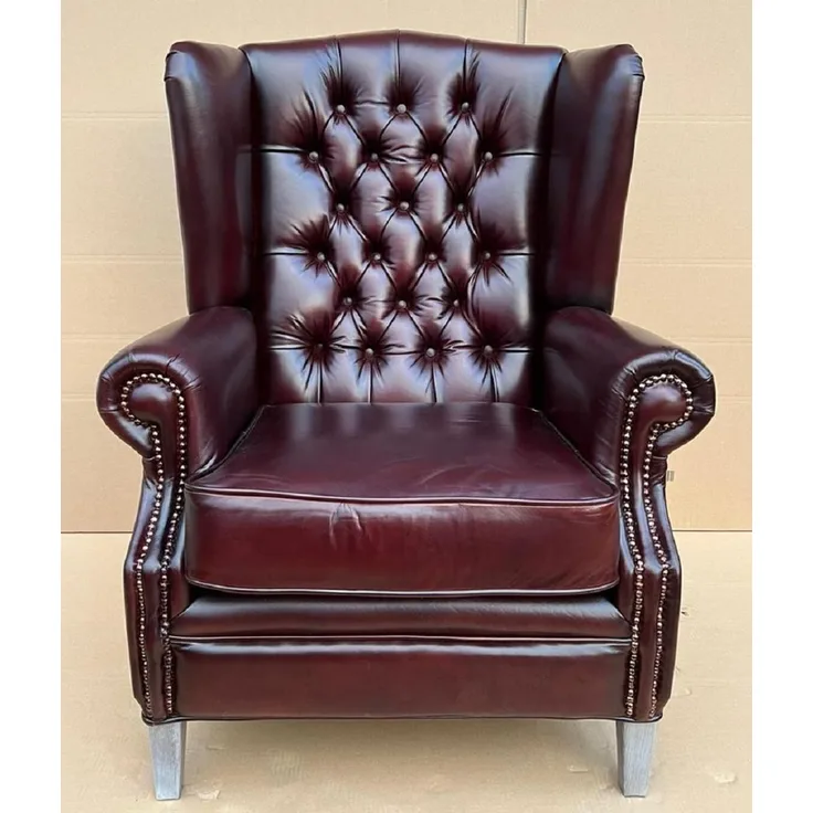 Casa Padrino Luxus Chesterfield Ohrensessel Weinrot / Grau 90 x 90 x H. 110 cm - Echtleder Chesterfield Wohnzimmer Sessel - Wohnzimmer Möbel - Chesterfield Möbel - Luxus Möbel