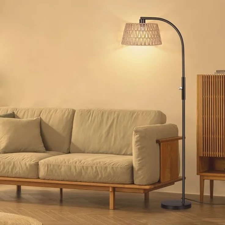 ROTTOGOON Bogen Rattan Stehlampe für Wohnzimmer 3 Farbtemperaturen Dimmbare 9W LED mit Fernbedienung Boho Landhausstil Stehleuchte für Schlafzimmer Büro Schwarz – Bild 7