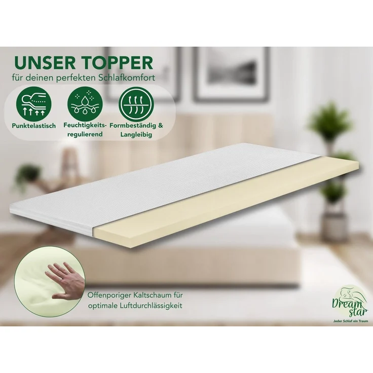 Dreamstar, Topper Easy Dream, ergonomischer Matratzentopper, Kaltschaum - H2/H3/H4/H5, 5 cm hoch, Kaltschaum, rutschfest, Bezug waschbar - für Matratzen und Boxspringbetten – Bild 3