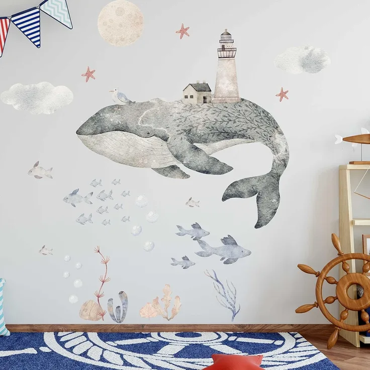 WANDKIND Wandtattoo Wal V402 mit Fischen, wieder ablösbar