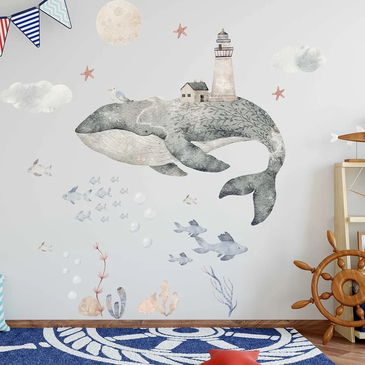 WANDKIND Wandtattoo Wal V402 mit Fischen, wieder ablösbar – Bild 1