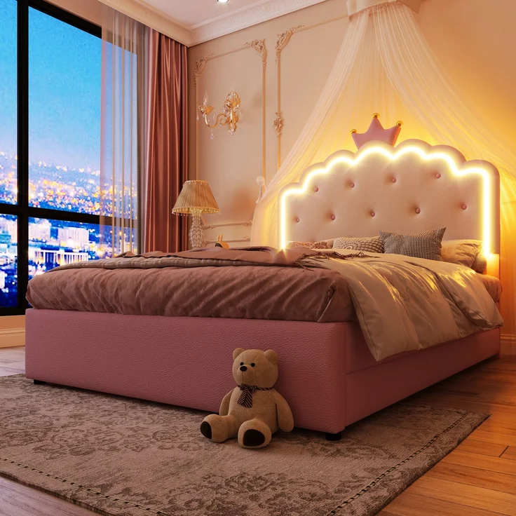 Polsterbett, 140 x 200 cm, mit Lattenrost (ohne Matratze), Ambiente-Beleuchtung mit Fernbedienung, Kronprinzessinnenform, Ausziehbett, 2 Schubladen, Material PU, Rosa – Bild 4
