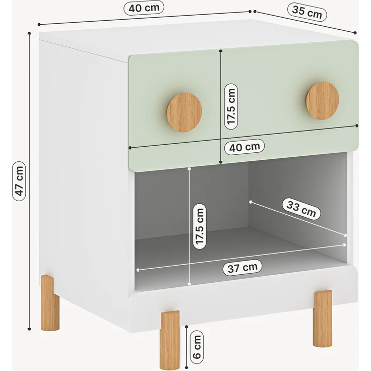 Kindernachttisch Vaarentaa mit Schublade und Ablagefach 47 x 40 x 35 cm Weiß/Mintgrün [en. casa] – Bild 2